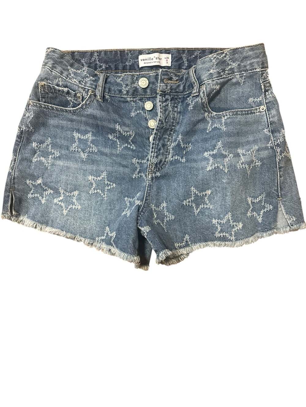 Vanilla Star Women's Denim Shorts with Distressed Star Print, Size 3 (W26)